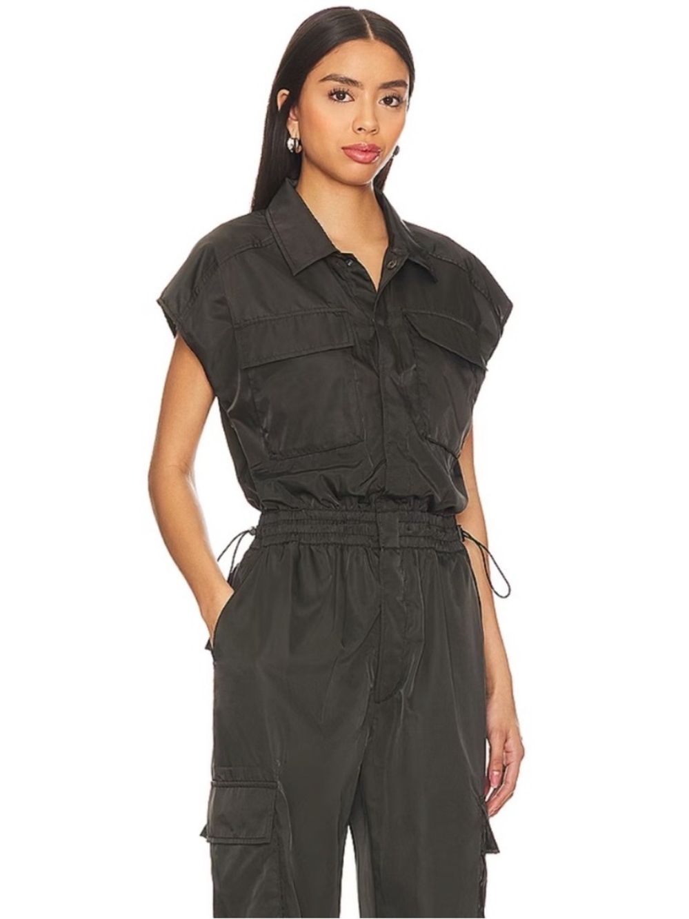 Pistola Jade Utilitarian Black Short Sleeve Jumpsuit Cargo Drawstring Waist L